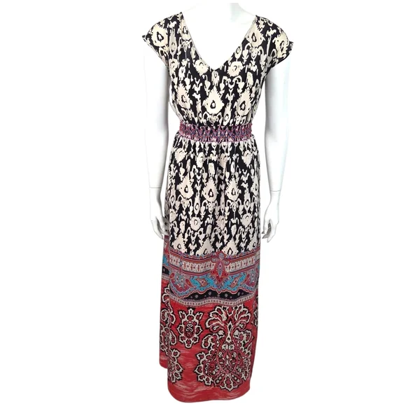 Anthropologie Vanessa Virginia Silk Maxi Dress Womens 2 Red Black Eclectic Artsy - Picture 2 of 12